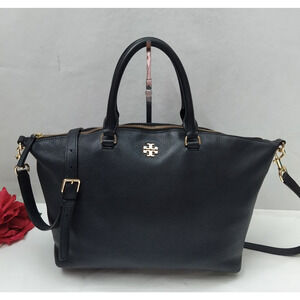 Tory Burch Black Pebbled Leather Double Handles Zipper Satchel Bag